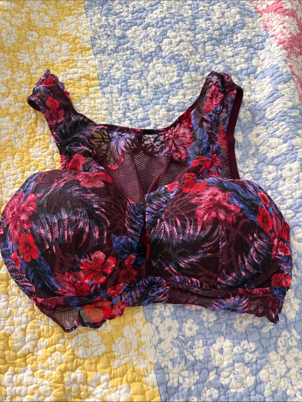 PINK Victoria's Secret Floral Lace Mesh Bra in Black, Red, Blue